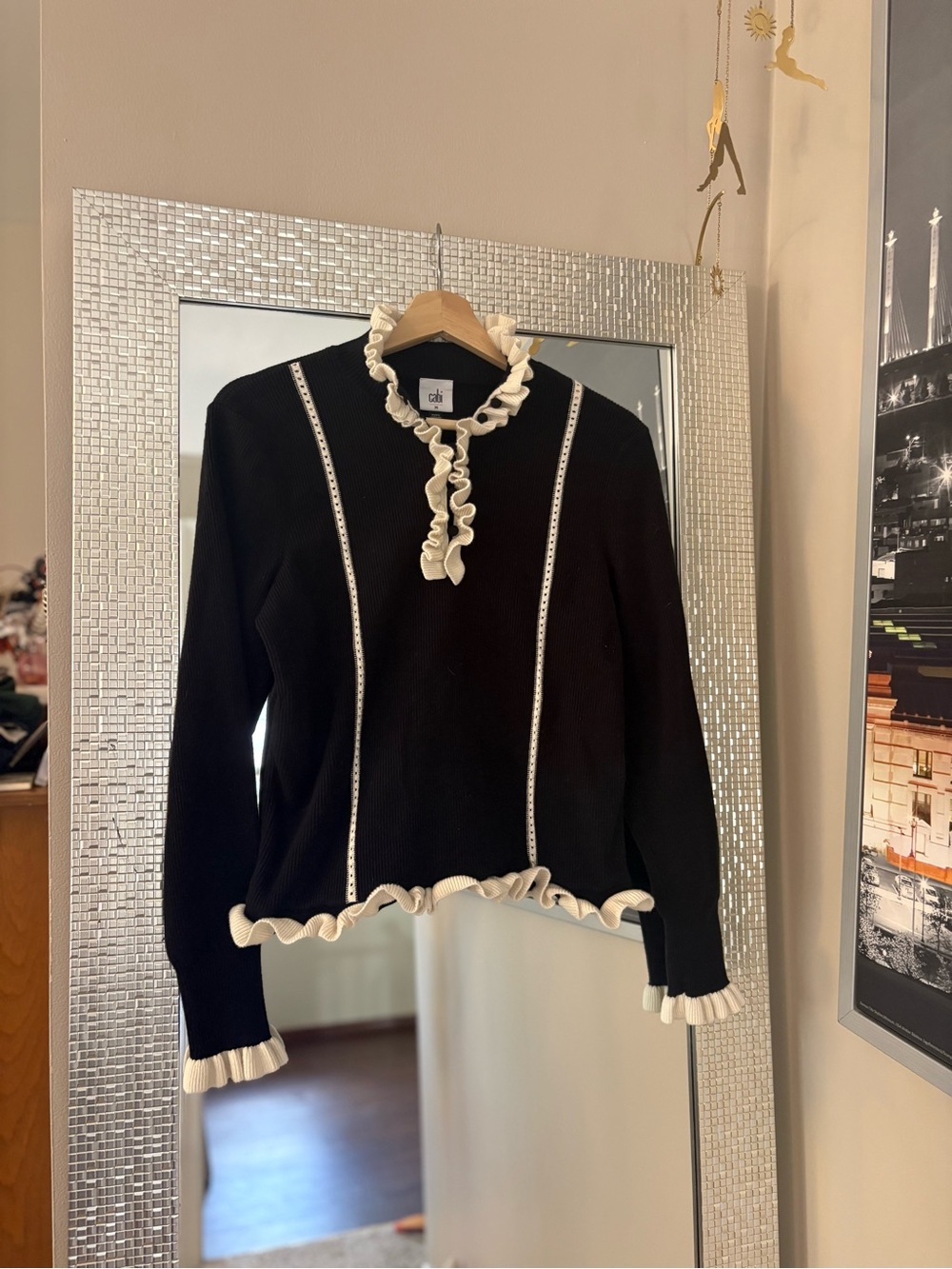 Cabi Black Ruffle-Trim Sweater with Cream Contrast